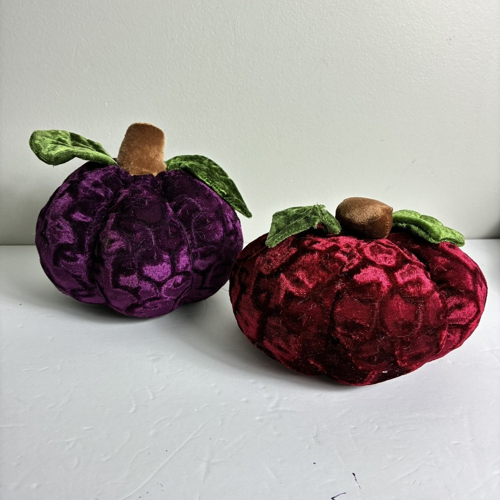 Vintage Halloween Fabric Velvet Pumpkins set of 2 Table Top Decor Purple Red 80s